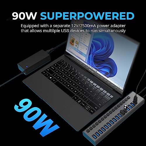 SABRENT 16-Port USB 3.0 Data Hub & Charger, 90W (HB-PU16) | Individual power switches; 90W high-power output; charge and sync multiple devices; powered usb hub