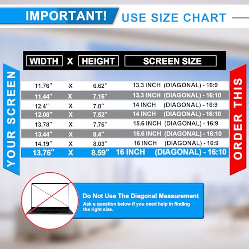16 Inch Laptop Privacy Screen, 16:10 Aspect Ratio | Compatible with Lenovo Hp Dell Acer Asus Envy Xps, Removable Anti-Blue Light Glare Anti Spy Laptop Screen Privacy Filter