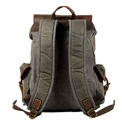 WUDON Leather Backpack for Men, Waxed Canvas Shoulder Rucksack Carry-On Travel Backpack - color: Grey-regular