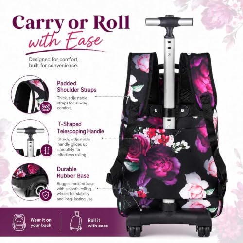 3Pcs Rolling Backpack for Girls, 19 Inche Rose Roller Bag with Wheels, Adults Wheeled Bookbag Set for Women(Black) - color: Rose Black02