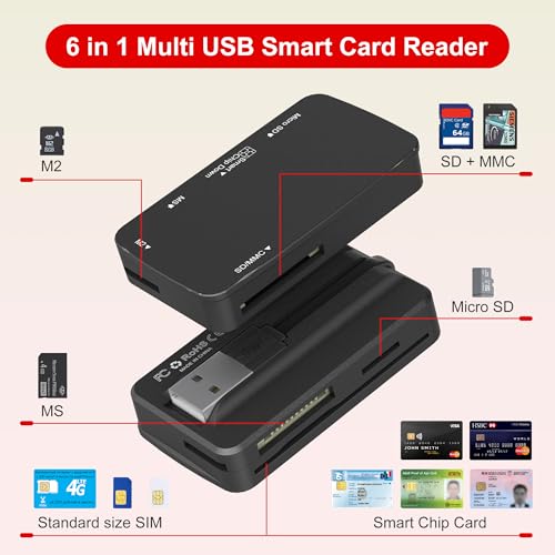SIM Card Adapter - CAC Reader Military and Memory Card Adapter 7 in 1 SD/MMC/TF/Memory Stick Pro Duo/M2/IC/PIV/Chip/Smart Card/Standard SIM Reader for Computer Windows/Mac OS/Linux, Plug and Play