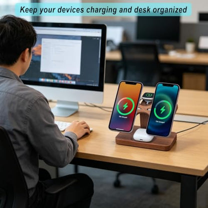 3 in 1 Wireless Charging Station for Apple Devices 24W Dual Phone Charging Station for 2 iPhone 17 16 15 14 13 12 Series iWatch 11 10 9 8 7 6 5 4 AirPod Magnetic Wireless Phone Charger Stand - color: With Apple watch charger