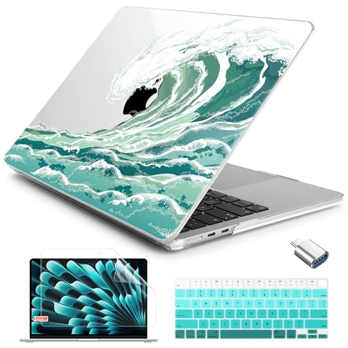 Batianda AstroGrid Case for MacBook Air 13.6" M2-M5 Chip, Aqua Wave | 4-in-1 set with aqua ocean wave design, lightweight slim hard shell protection for beach lovers, surfers and students - color: Waves