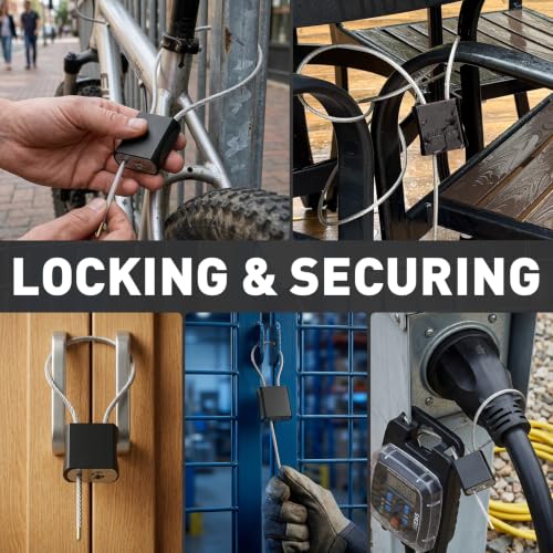 Cable Padlock Free Adjustable Lock 3 Keys, 1.15ft/0.35m Black | Steel Cable 1/6"(4mm)Diameter, Lock & Secure, Weatherproof for Bikes, Lockers, Gate, Fence, Shed, Outdoor Equipment etc - color: Black-1.15ft(0.35m)