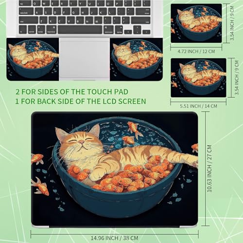 Laptop Skin Sticker Decal, Universal Protective Cover Fit 12 13 14 15.6 Inch Notebook, Reusable Water-Resistant Vinyl Decal w/ 2 Wrist Pads for Business Travel Office, Cat and Fish - color: Cat and Fish