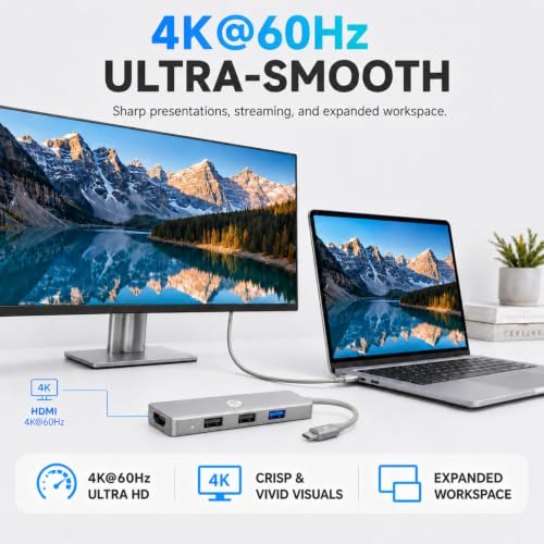 HP USB C Docking Station 5-in-1 Multi-Port USB C Hub,100W Power Delivery | Dual Monitor Support, 5Gbps Data Transfer, Aluminum Heat Dissipation,Portable,for Laptops, MacBook, iPad,and More,Silver
