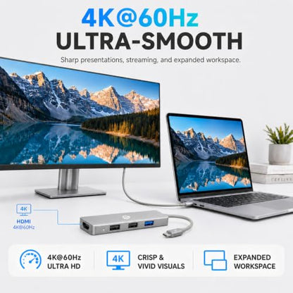 HP USB C Docking Station 5-in-1 Multi-Port USB C Hub,100W Power Delivery | Dual Monitor Support, 5Gbps Data Transfer, Aluminum Heat Dissipation,Portable,for Laptops, MacBook, iPad,and More,Silver