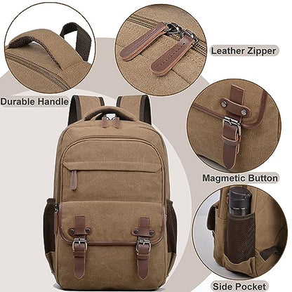 CROCOD Canvas Laptop Backpack, Vintage Daypack for Men Women,Travel Work Rucksack College Bookbag Computer Bag Fits 15.6 Inch Laptop (Coffee)