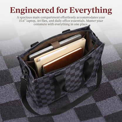BTOOP Work Tote Bag for Women, Laptop Tote Bag With 15.6 Inch Padded Compartment, Teacher Nurse Bible Bags - color: Black-grey Checked