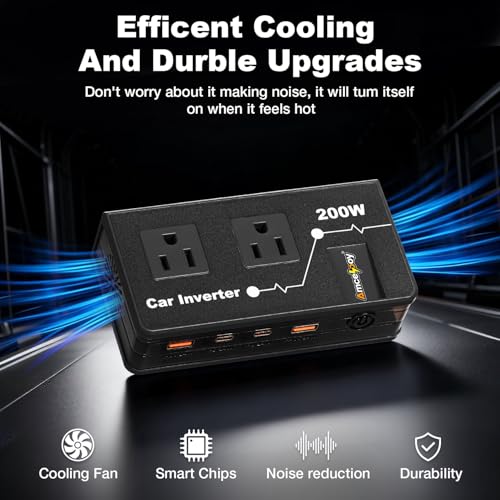 200W Car Power Inverter, Amcelooy Dual DC 12V to 110V AC Car Outlet Adapter to Wall Plug, Fast Charging 24W USB-C & USB Ports,Car Charger Cigarette Lighter Adapter for Phone,Laptop on Road Trip(Black) - color: Black