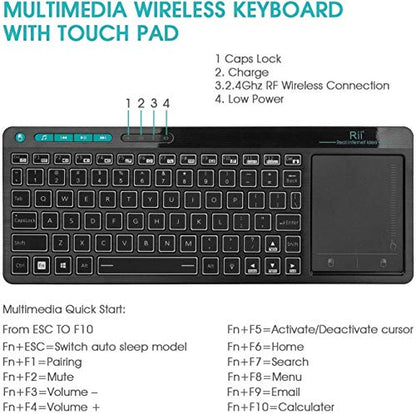 Rii K18 Plus Wireless 3-LED Color Backlit Multimedia Keyboard | Multi-Touch Trackpad Rechargable Keyboard for Android TV Box,PC,Smart TV,Xbox,Raspberry Pi, HTPC IPTV,Windows, MacOS ﻿ - style: 2.4G Version