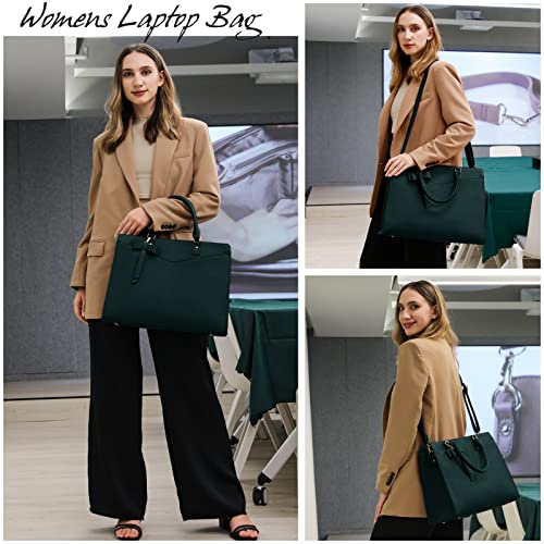 RAINSMORE Laptop Bag for Women 15.6 Inch PU Tote Bag Business Work Bag Waterproof Briefcase Computer Tote Lightweight Handbag Shoulder, Dark Green - color: Dark Green