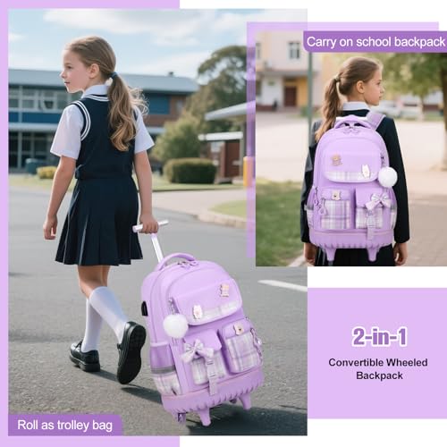 ACESAK Rolling Backpack for Girls - Roller Wheels School bag with Lunch Bag & Pencil Pouch for Teen Girls Kids Wheeled Suitcase Backpacks, Elementary Middle School Travel Daypack (Purple) - color: Purple