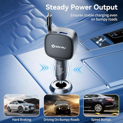 Retractable Fast Car Charger, 84W Max USB C Car Phone Charger Fast Charging, Cigarette Lighter Adapter with Built-in Retractable 31.5 inch Cable for iPhone15/16/17, Samsung, Android