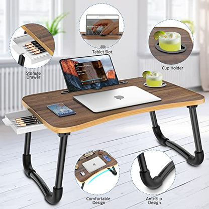 Zapuno Foldable Laptop Bed Table Multi-Function Lap Bed Tray Table with Storage Drawer and Water Bottle Holder, Serving Tray Dining Table with Slot for Eating, Working on Bed/Couch/Sofa - color: Beige1