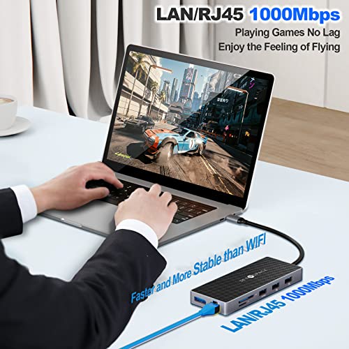 SETMSPCE Docking Station(Three Monitors), DP 4K@60Hz, 2*HDM 4k@60Hz,PD100W, 2*USB-A 10Gbps, PD100W, RJ45 1000Mbps, 2*USB-A 2.0, SD/TF, Audio, Docking Station for USB-C Devices' Data Transmission - size: PD, HDMI, USB-A, SD, TF, 3.5mm Jack, RJ45, DP