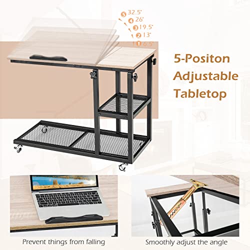 Tangkula Height Adjustable C Shaped End Table with Lockable Wheels, Mobile Couch Desk Table with Tiltable Table Top, Sofa Bedside Laptop Stand TV Tray with Storage Shelves, Snack Side Table - color: Natural