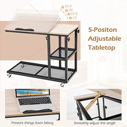 Tangkula Height Adjustable C Shaped End Table with Lockable Wheels, Mobile Couch Desk Table with Tiltable Table Top, Sofa Bedside Laptop Stand TV Tray with Storage Shelves, Snack Side Table - color: Natural