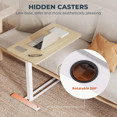 32''Large Medical Overbed Bedside Table with Wheels,Rolling Table | 31.5''x17.7'' White Wood Grain Pneumatic Tilting Desktop,Overbed Table with Hidden Casters for Hospital Use - color: White Wood Grain, size: Large
