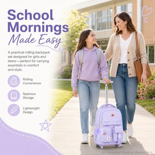 CCJPX Rolling Backpack for Girls Women, 21 inch Roller Wheels School Bookbag, Wheeled Suitcase Backpacks with Lunch Bag for Teen - Purple - color: Purple
