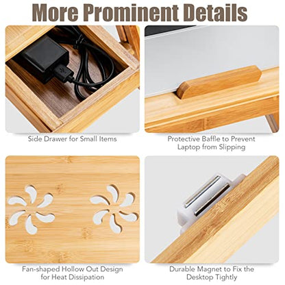 ReunionG Bamboo Laptop Desk with Drawer, Height Adjustable and 4-Level Tilting Desktop, Foldable and Portable Lap Tray with Heat-Dissipation Holes, Tray Table Stand for Surfing Reading Writing Eating