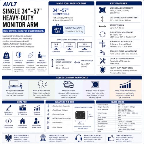 AVLT Single Monitor Arm Desk Mount for 34-57" Screens, Heavy Duty - Gray | Fits One 44 lb Heavy Duty Monitor – Full Motion Height, Swivel, Tilt, Rotation – VESA 200x200, 200x100, 100x100, 75x75 - color: Gray-34 to 57 Inch
