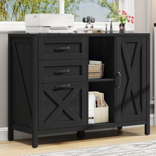 Vabches Lateral File Cabinet, Farmhouse 3 Drawer File Cabinet with Open Storage Shelf for Letter/Legal/A4 Size Hanging Files, Large Wood Storage Cabinets Printer Stand for Home Office, Black - color: Black, size: 28.34"H