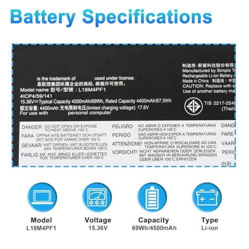 L18M4PF1 L18D4PF1 Laptop Battery Replacement for Lenovo Yoga C940-15IRH 81TE Yoga 9-15IMH5 82DE Series 5B10T83737 5B10T83738 5B10U65276 69Wh 4500mAh(Long Interface Cable) - size: 10.23*3.34*0.39inch L18M4PF1