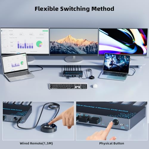 2 Laptops 3 Monitors KVM Switch 2 Port MST Dual USB-C Docking KVM Switches Triple Monitor Support Max 10Gbps USB Transfer Dual 4K@60Hz & One 1080P@60Hz Video Output, 100W PD Charging