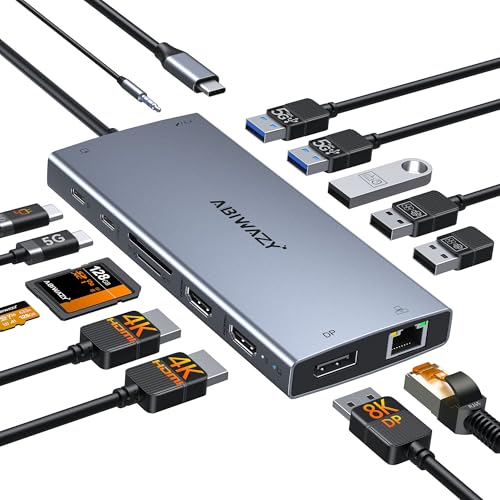 USB C Docking Station Dual Monitor, 15 in 1 Docking Station 3 Monitors with DP 8K, 2 HDMI 4K, 6 USB A/C Ports, 100W PD, Ethernet, Audio, SD/MicroSD, ABIWAZY USB C Hub for Dell/HP/Lenovo - color: Grey, size: 15-in-1