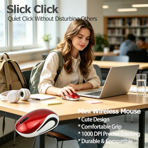 Mini Wireless Mouse, Small Kids Mouse for Home School,Portable Travel Mice Wireless with USB Receiver, 3 Buttons,for PC Laptop Computer(Red) - color: Red