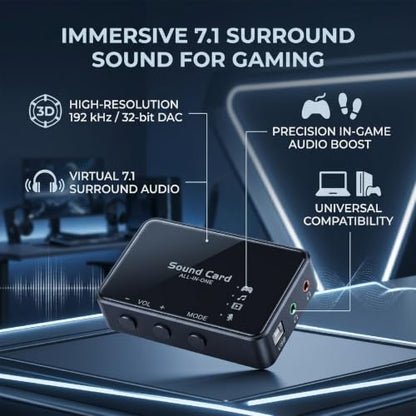7.1 USB / 3.5mm Surround Sound Card, 192kHz / 32bit DAC | External PC Gaming Sound Adapter, Aluminum Alloy HiFi Audio Dongle for FPS, Laptop & Desktop