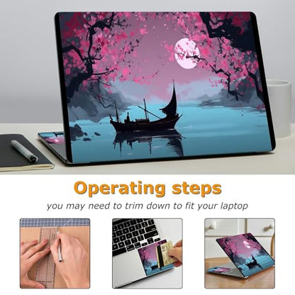 Universal Laptop Skin Sticker with 2 Wrist Pad Decals, 3-Piece Removable Vinyl Laptop Cover, Boat Moonlit Night Waterproof Anti-Scratch, Easy-Trim Fit for 13.3" 14" 15.6" Laptops - color: Boat Moonlit Night