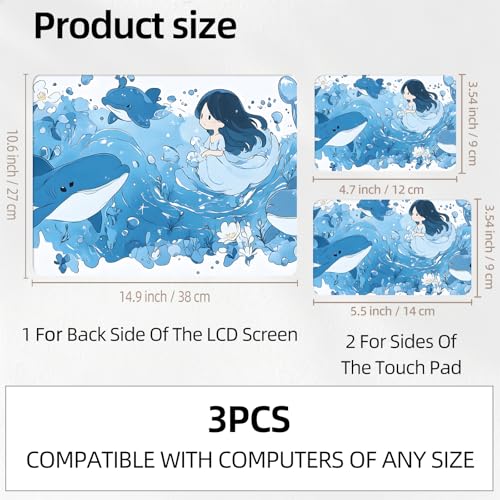 Cute Whale Girl Anime Universal Laptop Skin Sticker 3PCS, Protective Decal Trim-to-Fit 11.6" 13.3" 14" 15.6" Laptop Vinyl Cover, Removable Anti-Scratch Computer Decal Protector - color: Cute Whale Girl Anime