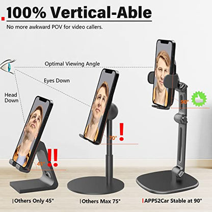 APPS2Car Phone Stand for Desk, Adjustable Cell Phone Holder for Office | Triple-Clamp Phone Holder, Height-Adjustable Folding Arm, 360° Rotation, Anti-Slip Base, Fits Cases up to 20mm