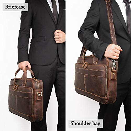 Augus Leather Briefcase for Men, 16 Inch, Full-Grain Leather, YKK Zipper - color: Coffee