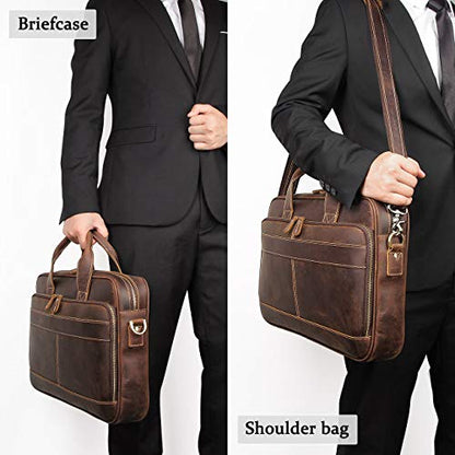Augus Leather Briefcase for Men, 16 Inch, Full-Grain Leather, YKK Zipper - color: Coffee