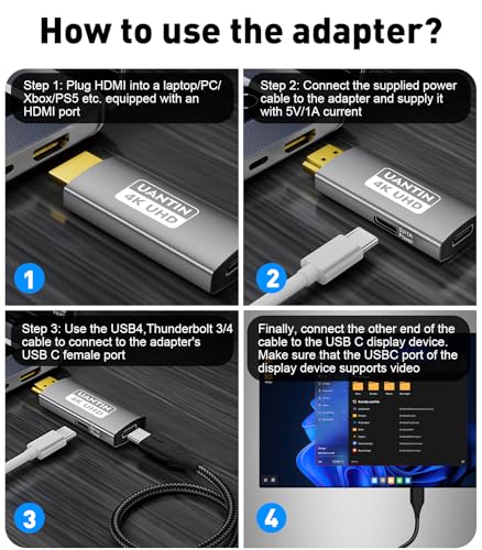 UANTIN HDMI to USB C Adapter (4K 60Hz) Uni-Directional HDMI (Source) to Type-C (Display) Male to Female Compatible with Laptop,PS5,XR/AR Glasses,Portable Monitor, Not Charging The Device