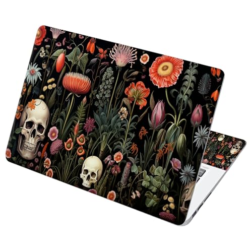 Universal Laptop Skin Sticker with 2 Wrist Pad Decals, 3-Piece Removable Vinyl Laptop Cover, Botanical Flower Skull Waterproof Anti-Scratch, Easy-Trim Fit for 13.3" 14" 15.6" Laptops - color: Botanical Flower Skull