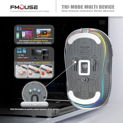 FMOUSE Transparent Wireless Mouse, Tri-Mode Bluetooth 5.1 & 2.4GHz, USB-A & USB-C Receiver, Silent Rechargeable RGB, 3 Devices for MacBook Laptop iPad PC, Business Minimalist — Grey - color: Grey