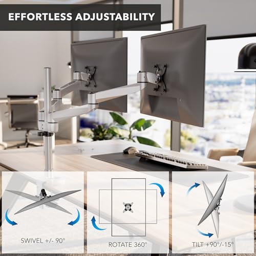 Mount-It! CLiX Dual Monitor Desk Mount, 13-32", Silver | TAA-compliant full motion arms for 2 monitors up to 19.8 lbs each, VESA 75/100, C-clamp grommet, aluminum.