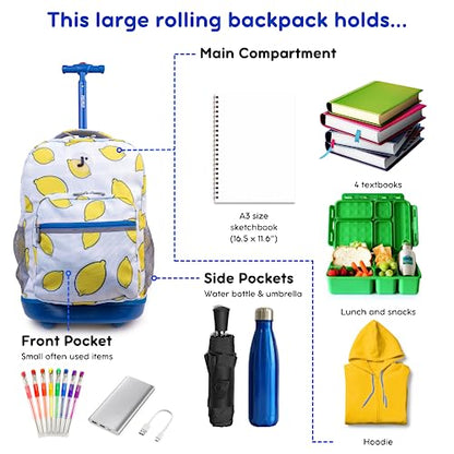 J World Sunrise Kids Rolling Backpack with Wheels for Girls Boys, Roller Bookbag for School, 18 x 13 x 9 Inches, Lemona - color: Lemona