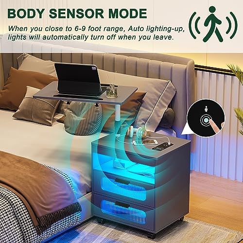 HNEBC LED Nightstand Set of 2 with Charging Station & Adjustable Overbed Desk, 3 Color LED Lights & Body Sensor, Mobile Bedside Table with Wheels, 2 Drawers & Open Shelf for Bedroom(Grey) - color: 9603-2-grey