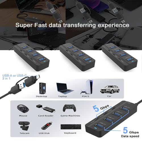 USB C Hub, 5Gbps 7 Ports USB 3.0, USB Hub with USB C Long Cable USB Splitter Multiport Adapter Compatible with Thunderbolt3/4,MacBook, iMac, Surface Pro