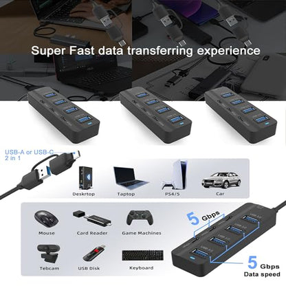 USB C Hub, 5Gbps 7 Ports USB 3.0, USB Hub with USB C Long Cable USB Splitter Multiport Adapter Compatible with Thunderbolt3/4,MacBook, iMac, Surface Pro