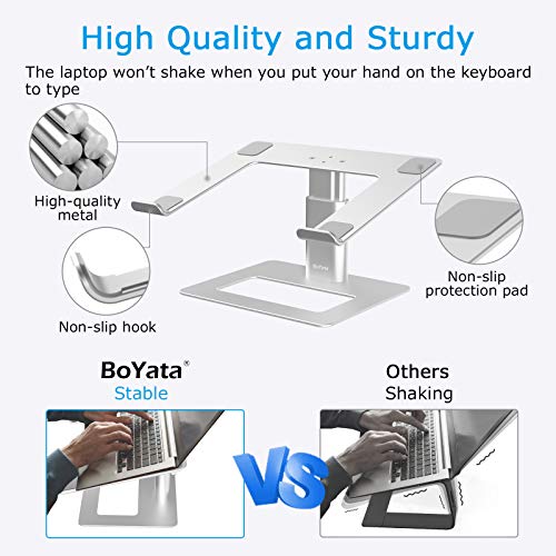 BoYata Laptop Stand, Height Adjustable Laptop Riser for 11-17" Laptops | Ergonomic Laptop Stand for Desk, Ventilated with U-Shaped Open Design, Sturdy Notebook Stand for 10-17'' Laptops, Silver - color: Silver