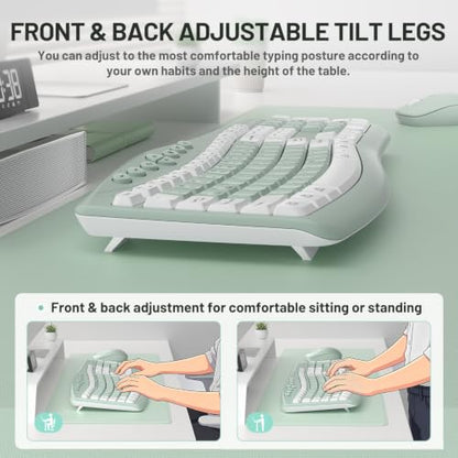 Wireless Keyboard and Mouse Combo Silent Ergonomic Curved Design for Office - color: Avocado green-A