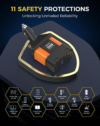 150W Car Power Inverter, 12V DC to 120V AC, Cigarette Lighter Plug | 300W Surge Peak, 1 AC Outlet, Dual USB 4.8A, 11 Protections, Compact, for Laptop Phone Car Vehicle - color: 150W Car Inverter