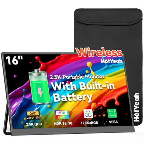 16" 2.5K Wireless Portable Monitor Battery-Powered, Support AirPlay Miracast, 2560×1600P IPS USB-C HDMI External Monitor, 2nd Screen for Laptop MacBook PC Phone Tablet, w/Built-in Battery(4- 5H) - size: 16-inch