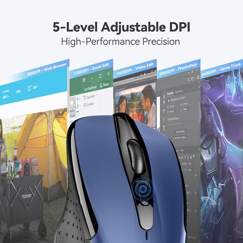 TECKNET Wireless Mouse, 2.4G Ergonomic Computer Mouse, 2600 DPI, Blue | Ergonomic Design with Side Grips, Adjustable DPI, 2-Year Battery, Compact Size, USB-A Plug & Play, Wide OS Compatibility - color: Blue